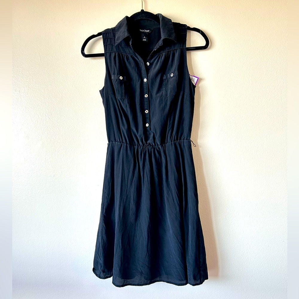 NWT WHBM Sz 0 Black Midi Shirt Dress Sleeveless Fit and Flare Button Pockets